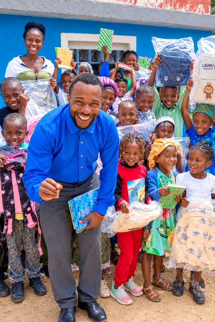 A large group of smiling children holding bagged school supplies, exercise books and backpacks, gathered with two adults outside a bright blue building.